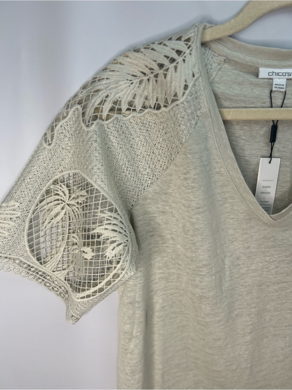 Chico's Cream Crochet-Sleeve V-Neck Tee - Picture 2 of 12